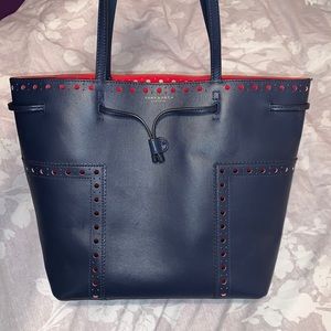 Tory Burch - Block T Brogue Leather Tote - Navy & Red